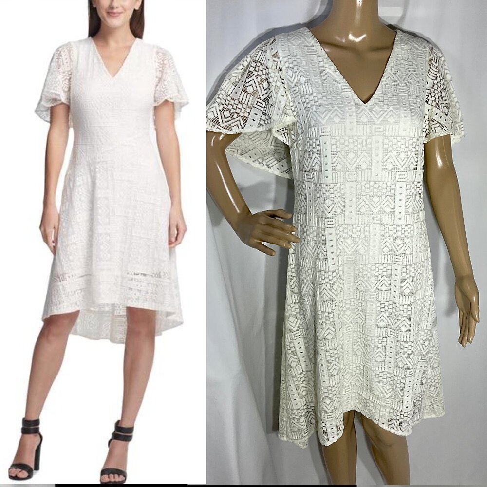 DKNY Size 6 Lace Sheath Capelet Knee Length Dress Womens Cream Off-White